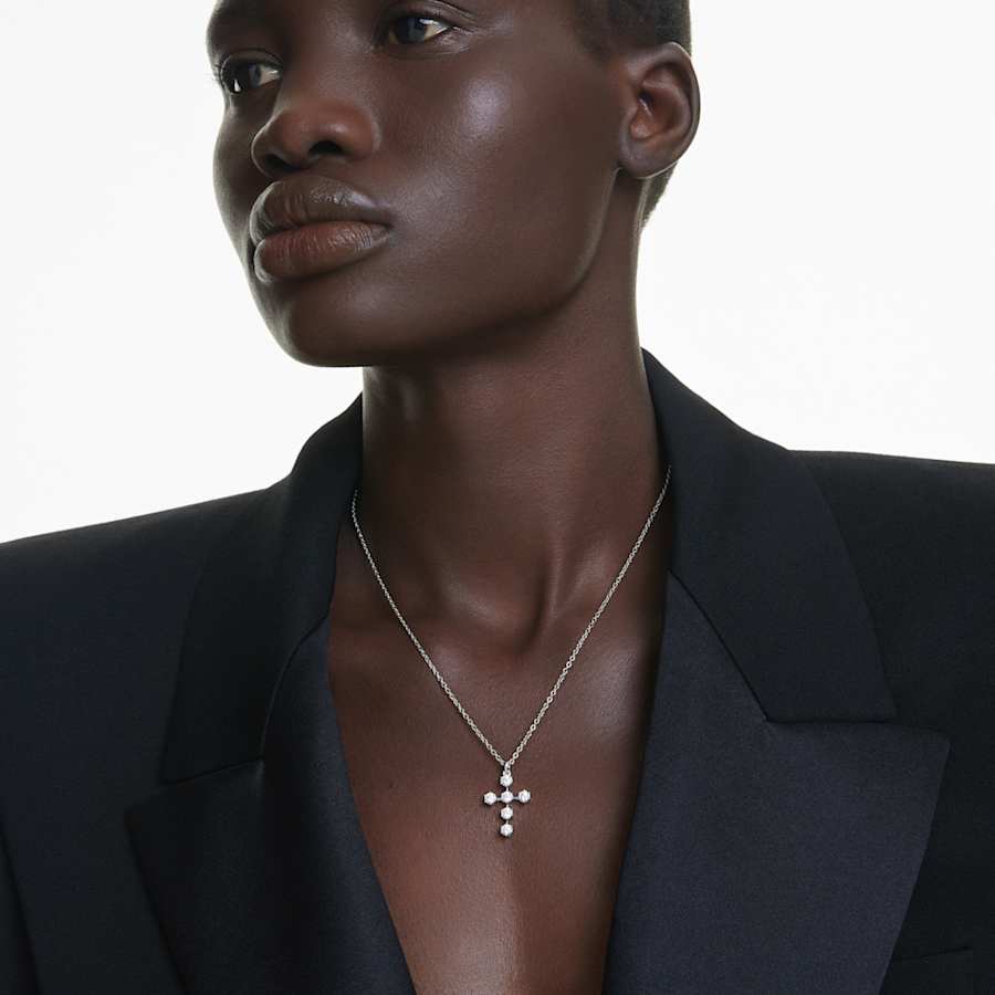 COLLAR SWAROVSKI INSIGNE TALLA REDONDA, CRUZ, BLANCO, BAÑO DE RODIO