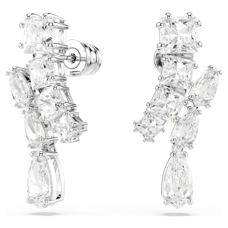 ARETES SWAROVSKI MATRIX, DISEÑO PENDIENTE, BLANCO, BAÑO DE RODIO