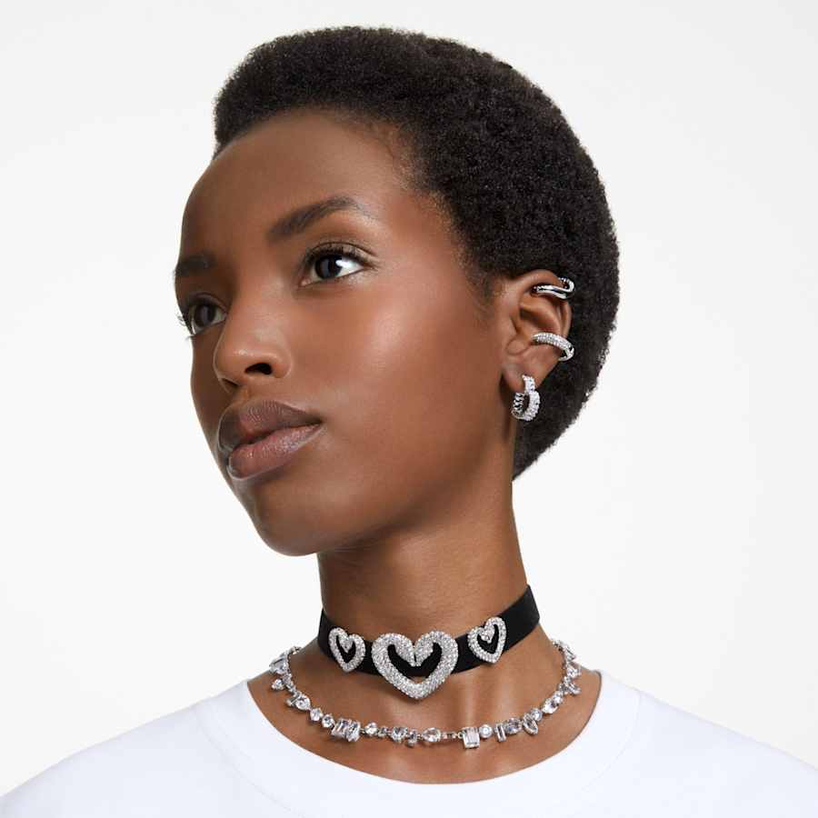 ARETES SWAROVSKI MATRIX TALLA BAGUETTE, CORAZCÓN, PEQUECÑOS, BLANCO, BAÑO DE RODIO