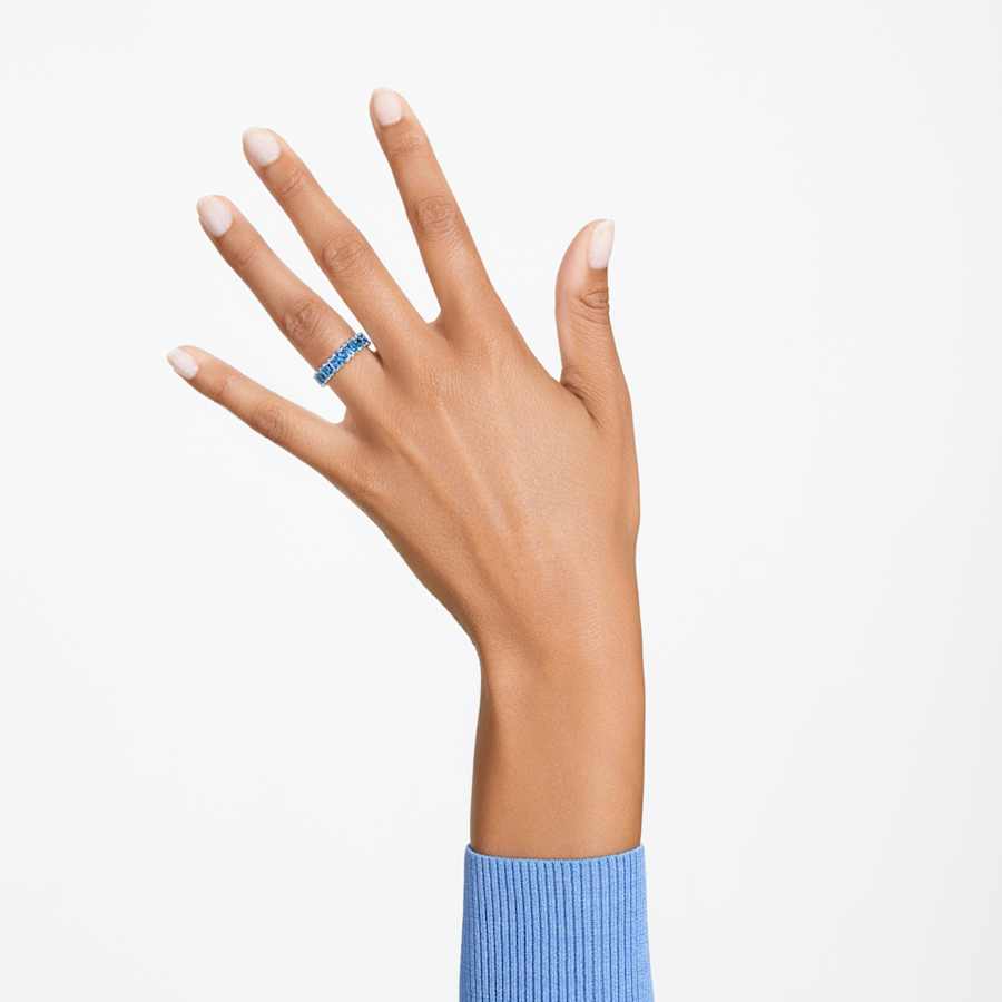 ANILLO SWAROVSKI MATRIX TALLA BAGUETTE, AZULES, BAÑO DE RODIO, TALLA 55