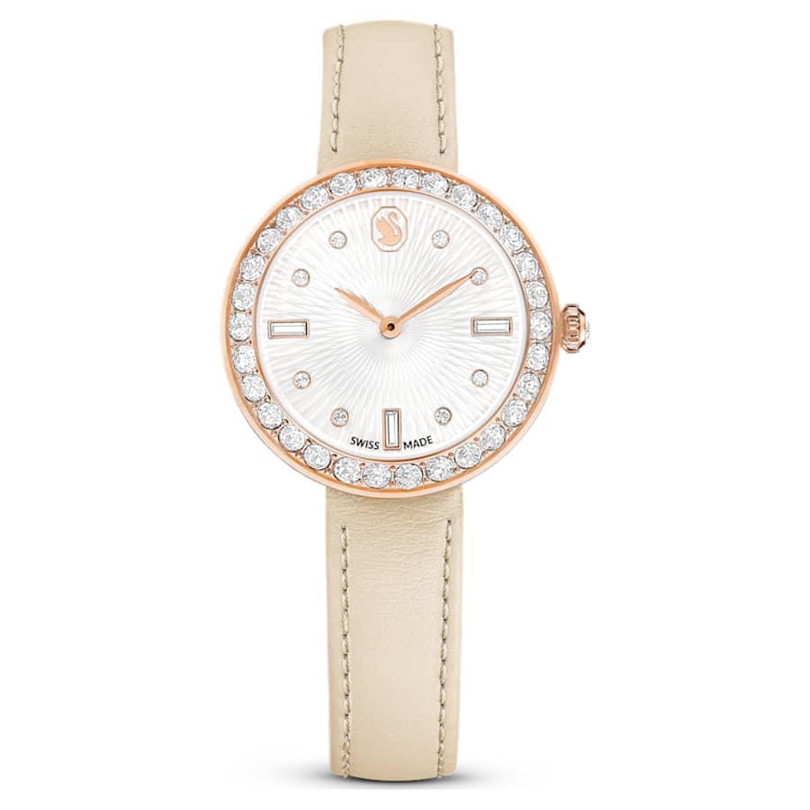 RELOJ SWAROVSKI CERTA BRAZALETE DE CUERO BEIGE, ESFERA BLANCA, CAJA 30 MM, MUJER