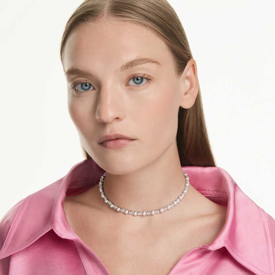 COLLAR SWAROVSKI MATRIX CRYSTAL PEARLS TENNIS , TALLA REDONDA, BLANCO, BAÑO DE RODIO