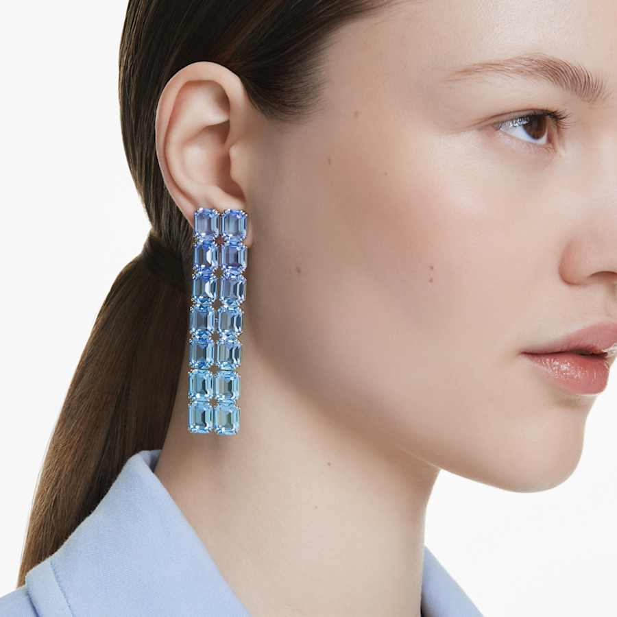 ARETES SWAROVSKI MILLENIA TALLA OCTOGONAL, DEGRADADO DE COLOR, LARGOS, AZULES, BAÑO DE RODIO