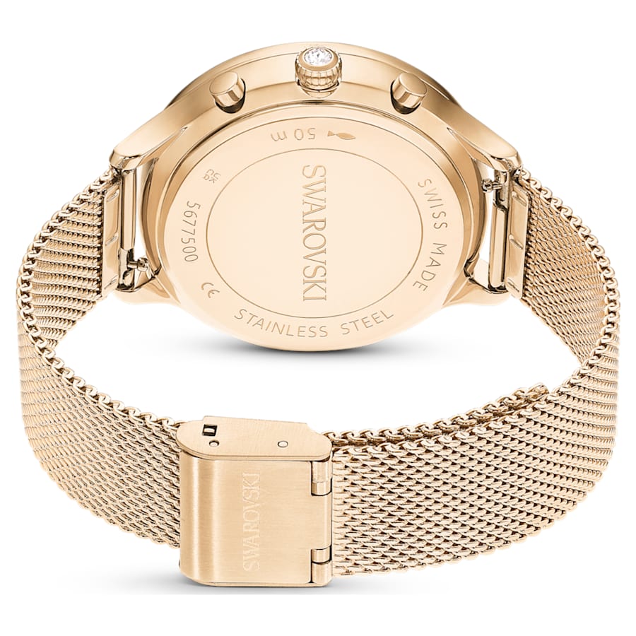 RELOJ SWAROVSKI NOVA CHRONO BRAZALETE DE ACERO INOXDABLE PVD TONO CHAMPCÁN, ESFERA BLANCA, FUNCICÓN CRONCÓGRAFO, MOVIMIENTO CUARZO, CAJA 37 MM