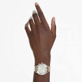 RELOJ SWAROVSKI NOVA CHRONO BRAZALETE DE ACERO INOXDABLE PVD TONO CHAMPCÁN, ESFERA BLANCA, FUNCICÓN CRONCÓGRAFO, MOVIMIENTO CUARZO, CAJA 37 MM