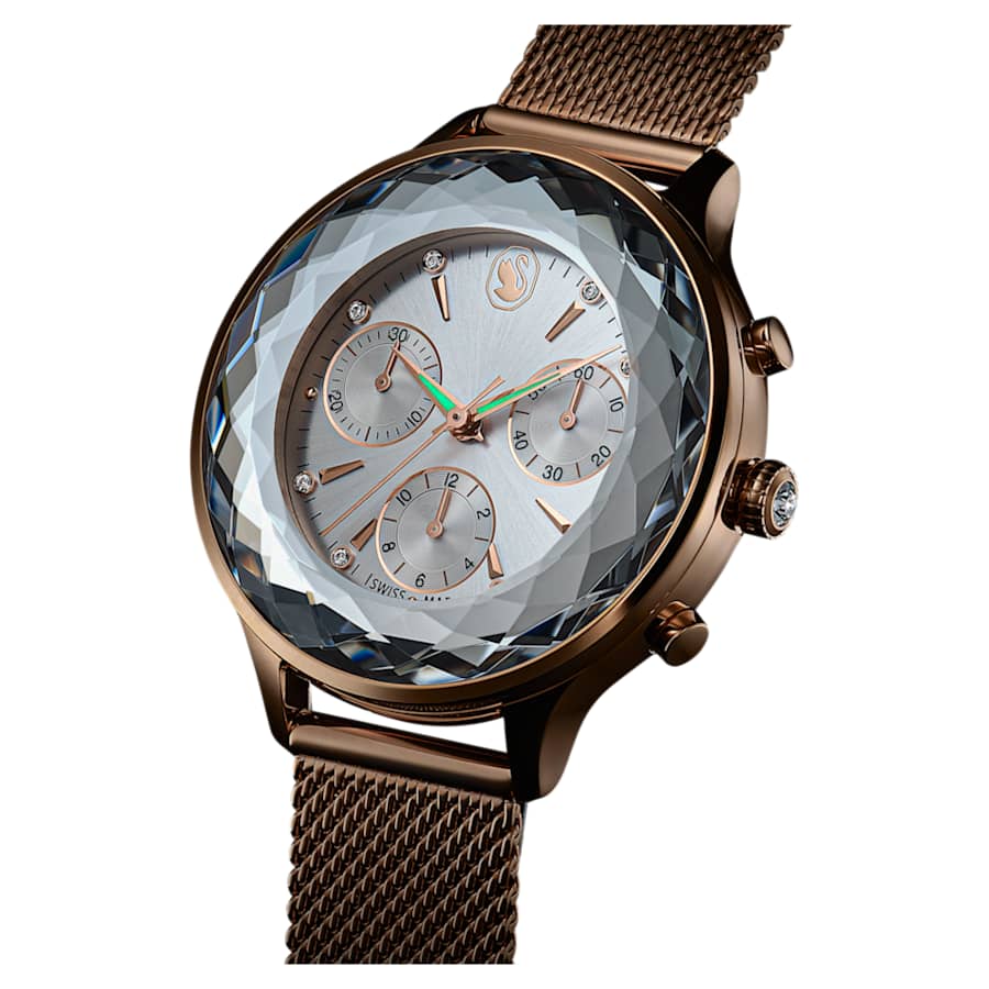 RELOJ SWAROVSKI NOVA CHRONO BRAZALETE DE ACERO INOXDABLE PVD TONO CHAMPCÁN, ESFERA BLANCA, FUNCICÓN CRONCÓGRAFO, MOVIMIENTO CUARZO, CAJA 37 MM