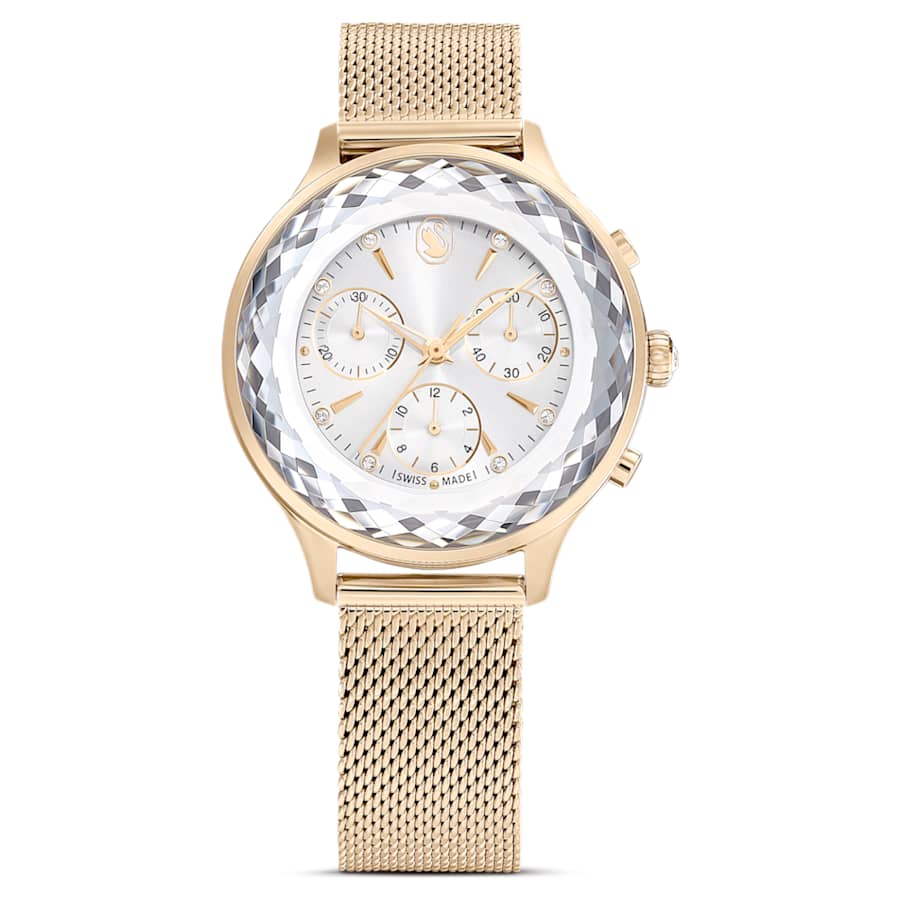 RELOJ SWAROVSKI NOVA CHRONO BRAZALETE DE ACERO INOXDABLE PVD TONO CHAMPCÁN, ESFERA BLANCA, FUNCICÓN CRONCÓGRAFO, MOVIMIENTO CUARZO, CAJA 37 MM
