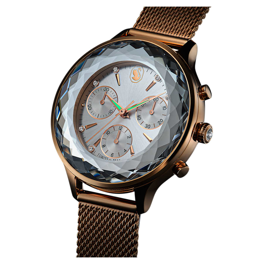 RELOJ SWAROVSKI NOVA CHRONO BRAZALETE DE ACERO INOXIDABLE PVD TONO ORO ROSA, ESFERA BLANCA, FUNCICÓN CRONCÓGRAFO, MOVIMIENTO CUARZO, CAJA 37 MM, MUJER