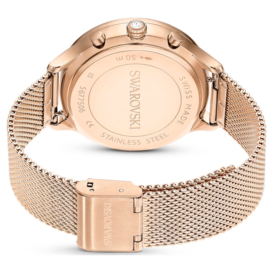 RELOJ SWAROVSKI NOVA CHRONO BRAZALETE DE ACERO INOXIDABLE PVD TONO ORO ROSA, ESFERA BLANCA, FUNCICÓN CRONCÓGRAFO, MOVIMIENTO CUARZO, CAJA 37 MM, MUJER