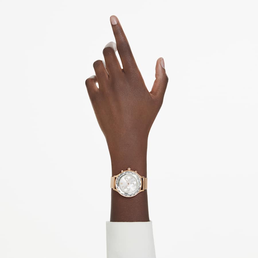 RELOJ SWAROVSKI NOVA CHRONO BRAZALETE DE ACERO INOXIDABLE PVD TONO ORO ROSA, ESFERA BLANCA, FUNCICÓN CRONCÓGRAFO, MOVIMIENTO CUARZO, CAJA 37 MM, MUJER