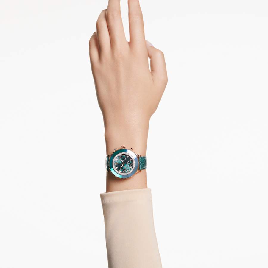 RELOJ SWAROVSKI OCTEA CHRONO, CUARZO, ESFERA VERDE, BRAZALETE DE CUERO VERDE, 42 MM