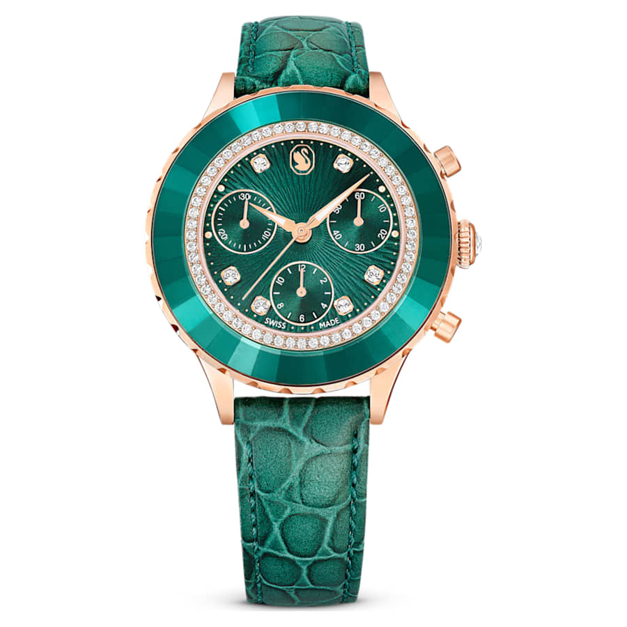 RELOJ SWAROVSKI OCTEA CHRONO, CUARZO, ESFERA VERDE, BRAZALETE DE CUERO VERDE, 42 MM