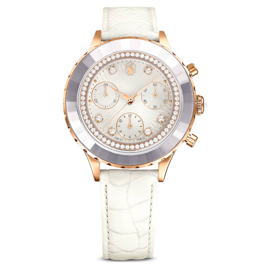 RELOJ SWAROVSKI OCTEA CHRONO, CUARZO, ESFERA BLANCA, BRAZALETE DE CUERO BLANCO, 42 MM