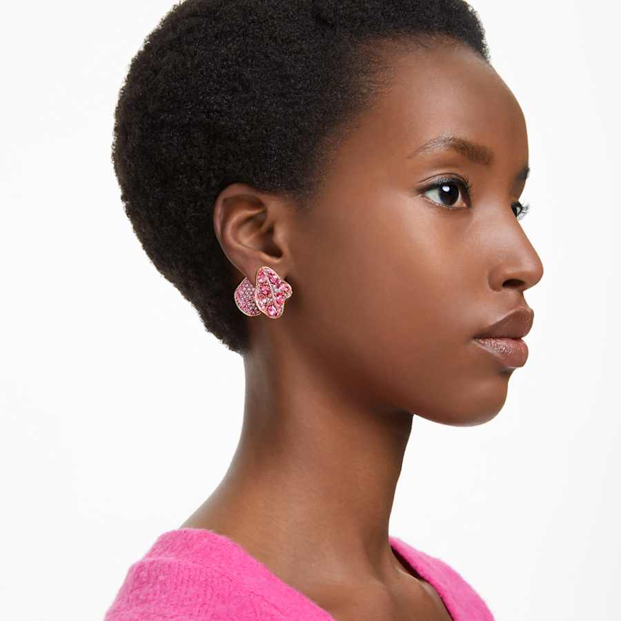 ARETES SWAROVSKI FLORERE, DISEÑO ASIMÉTRICO, ROSA, BAÑO TONO ORO