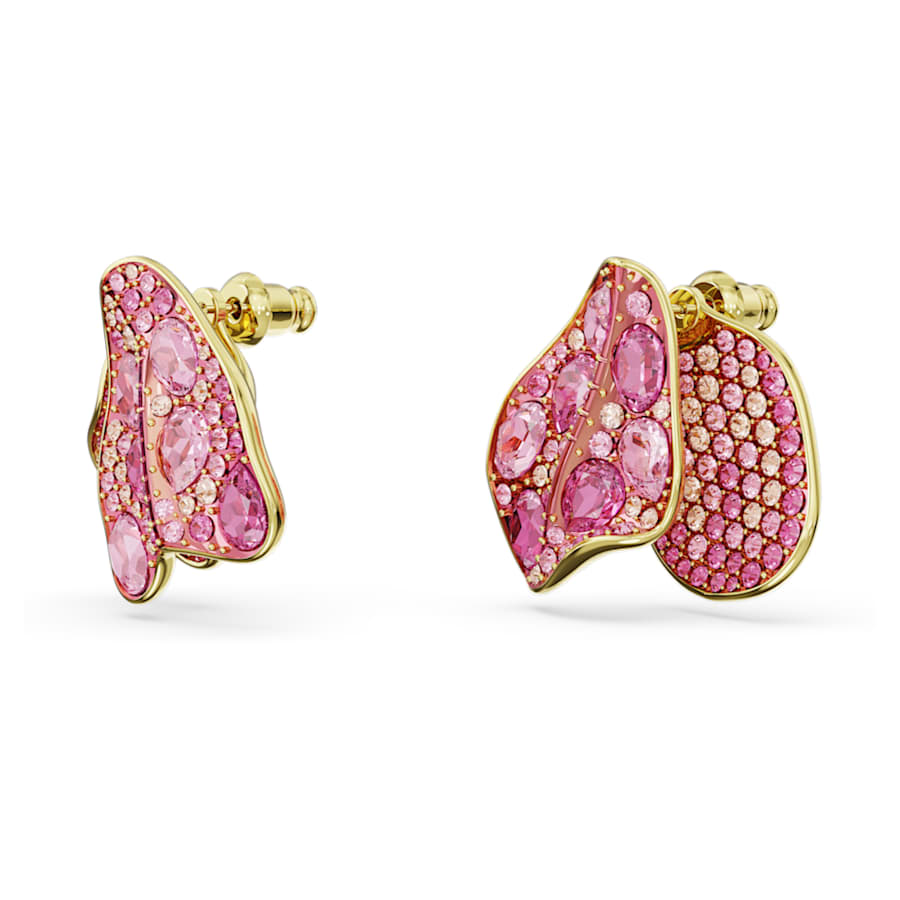 ARETES SWAROVSKI FLORERE, DISEÑO ASIMÉTRICO, ROSA, BAÑO TONO ORO