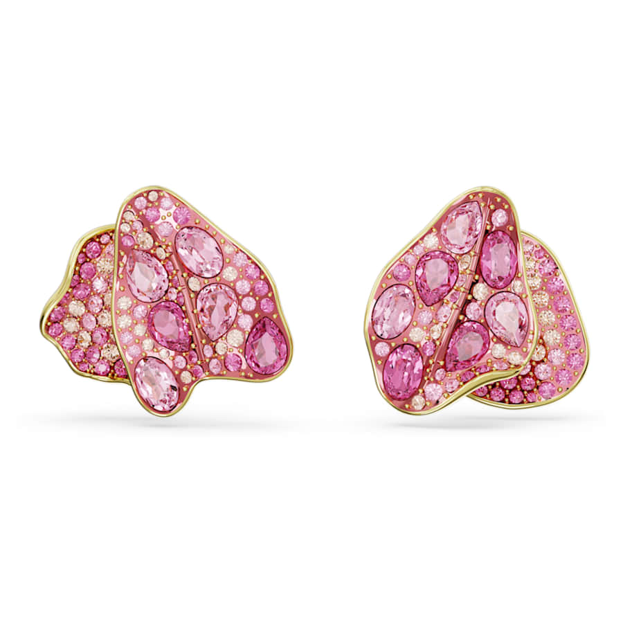 ARETES SWAROVSKI FLORERE, DISEÑO ASIMÉTRICO, ROSA, BAÑO TONO ORO