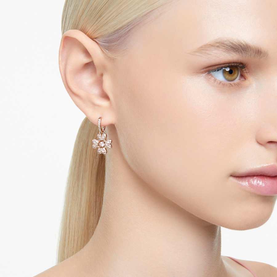 ARETES SWAROVSKI IDYLLIA, MINI HOOP TRÉBOL, SEDA, BAÑO TONO ORO ROSA