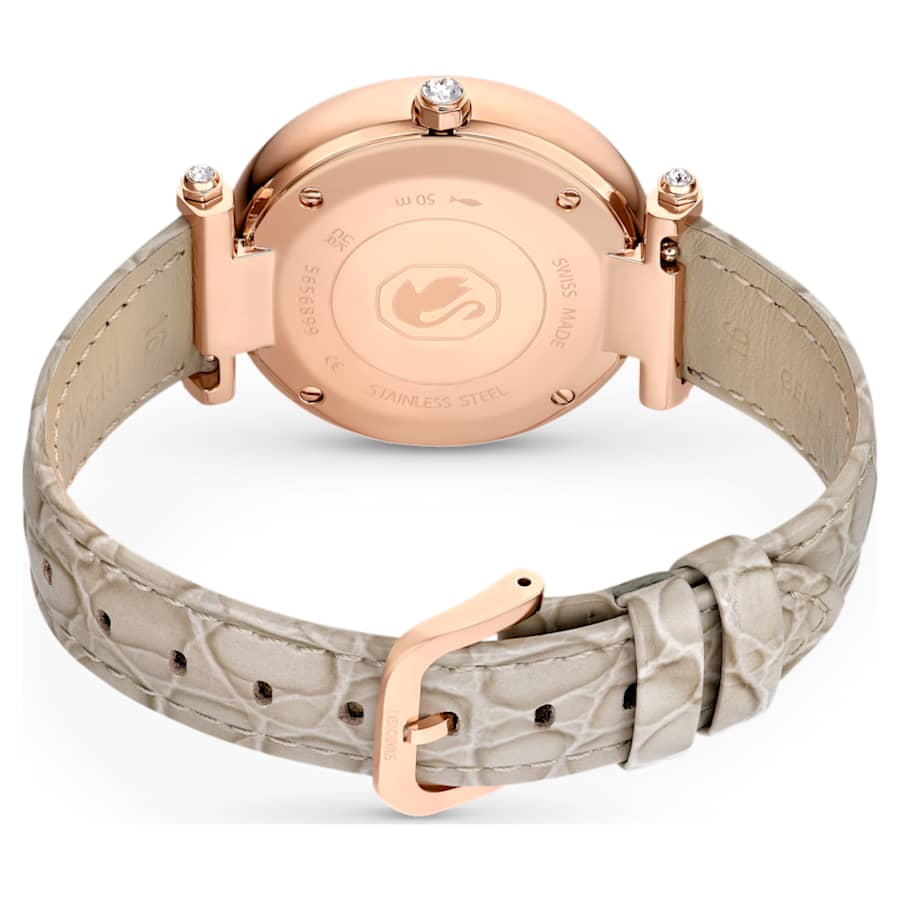 RELOJ SWAROVSKI CRYSTALLINE WONDER BRAZALETE DE CUERO BEIGE, DIAL DE CRISTALES, MOVIMIENTO CUARZO, CAJA 35MM, MUJER