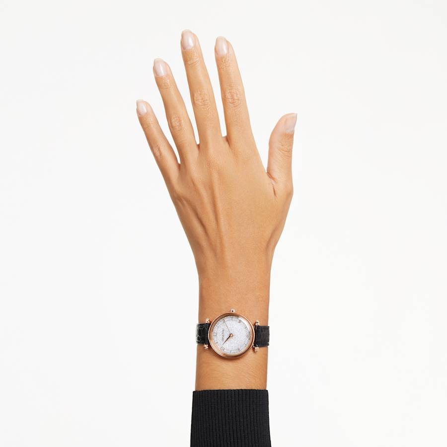 RELOJ SWAROVSKI CRYSTALLINE WONDER BRAZALETE DE CUERO NEGRO, ESFERA DE CRISTALES, MOVIMIENTO CUARZO, CAJA 35MM, MUJER