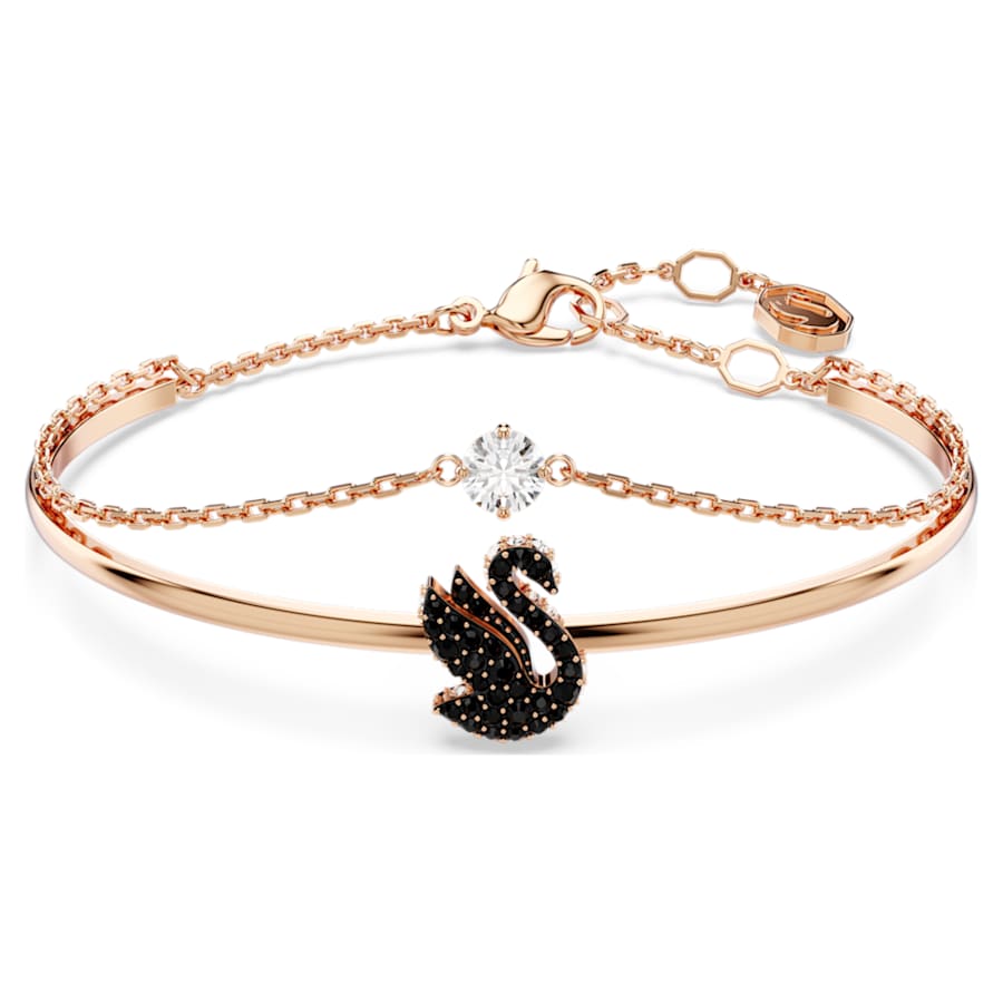 PULSERA SWAROVSKI CISNE, NEGRO, BAÑO TONO ORO ROSA, TALLA M