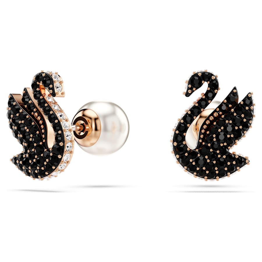 ARETES SWAROVSKI  SWAN CRYSTAL PEARLS, CISNE, NEGROS, BAÑO TONO ORO ROSA