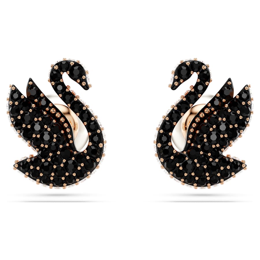 ARETES SWAROVSKI SWAN CRYSTAL PEARLS, CISNE, NEGROS, BAÑO TONO ORO ROSA