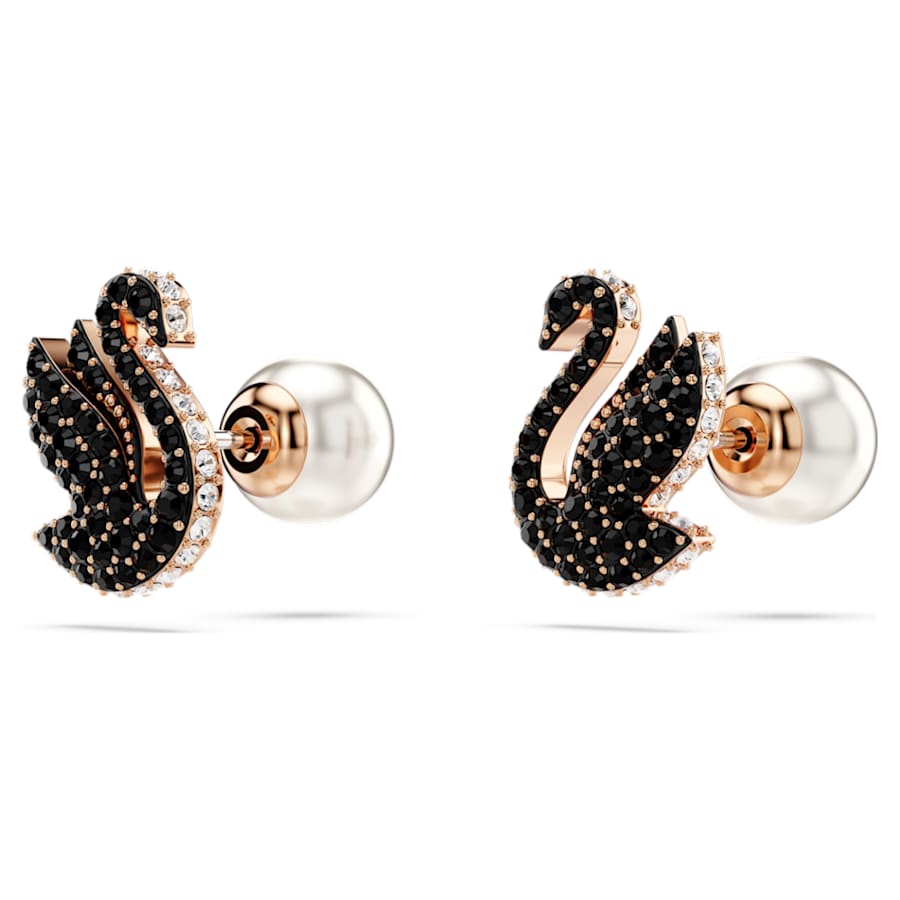 ARETES SWAROVSKI SWAN CRYSTAL PEARLS, CISNE, NEGROS, BAÑO TONO ORO ROSA