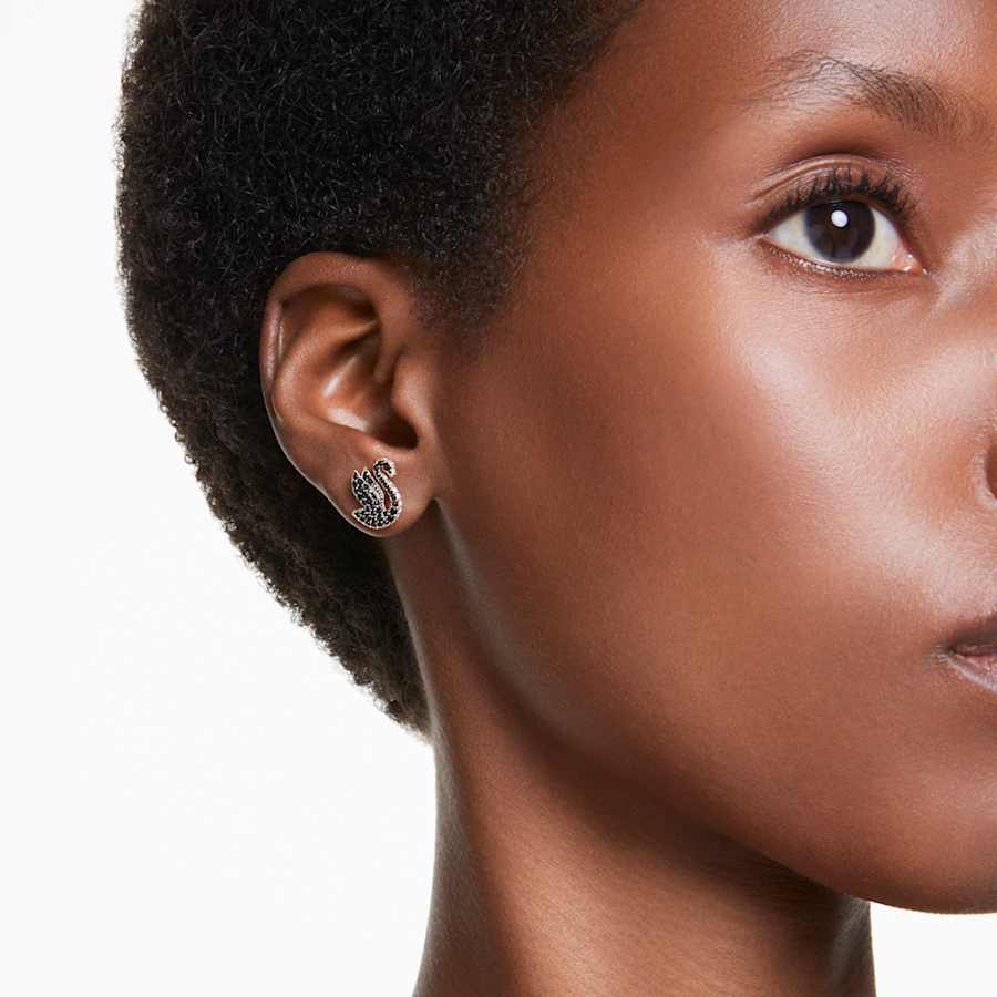 ARETES SWAROVSKI  SWAN CRYSTAL PEARLS, CISNE, NEGROS, BAÑO TONO ORO ROSA