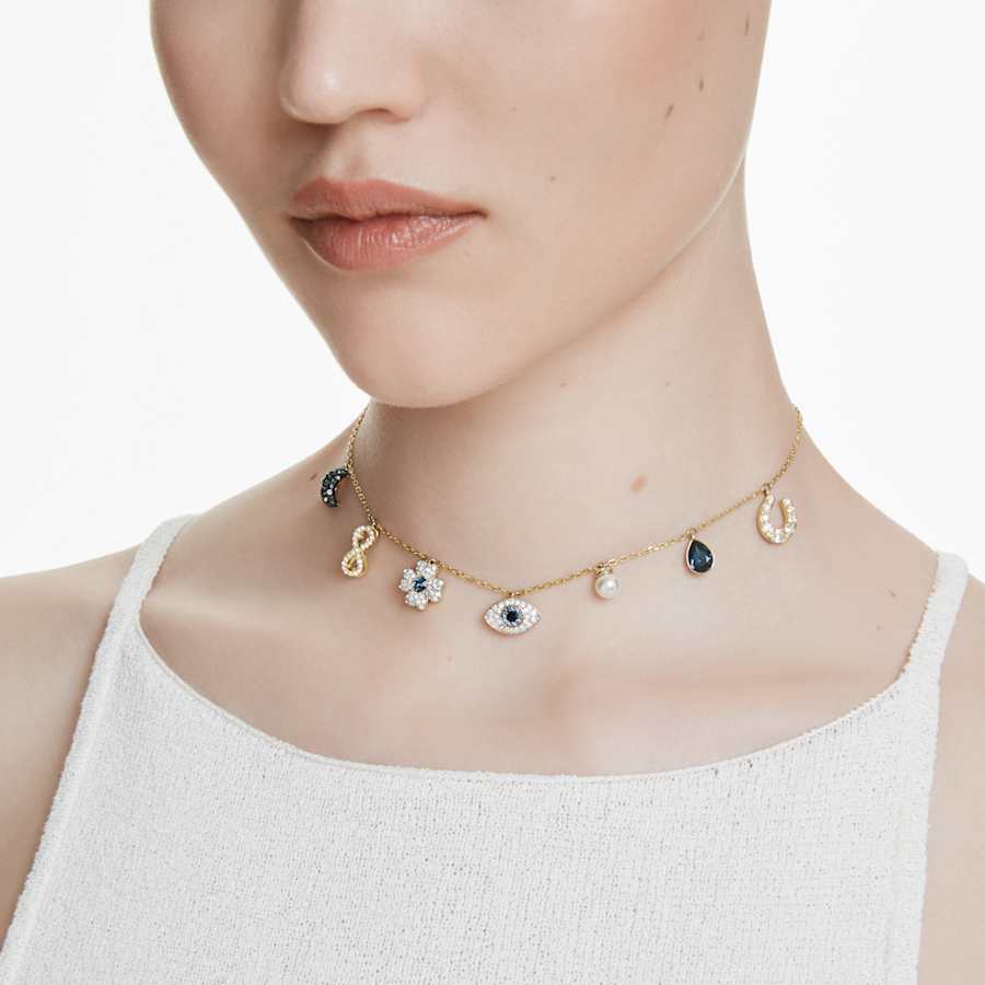 COLLAR SWAROVSKI SYMBOLICA CRYSTAL PEARLS LUNA, AZUL, BAÑO TONO ORO