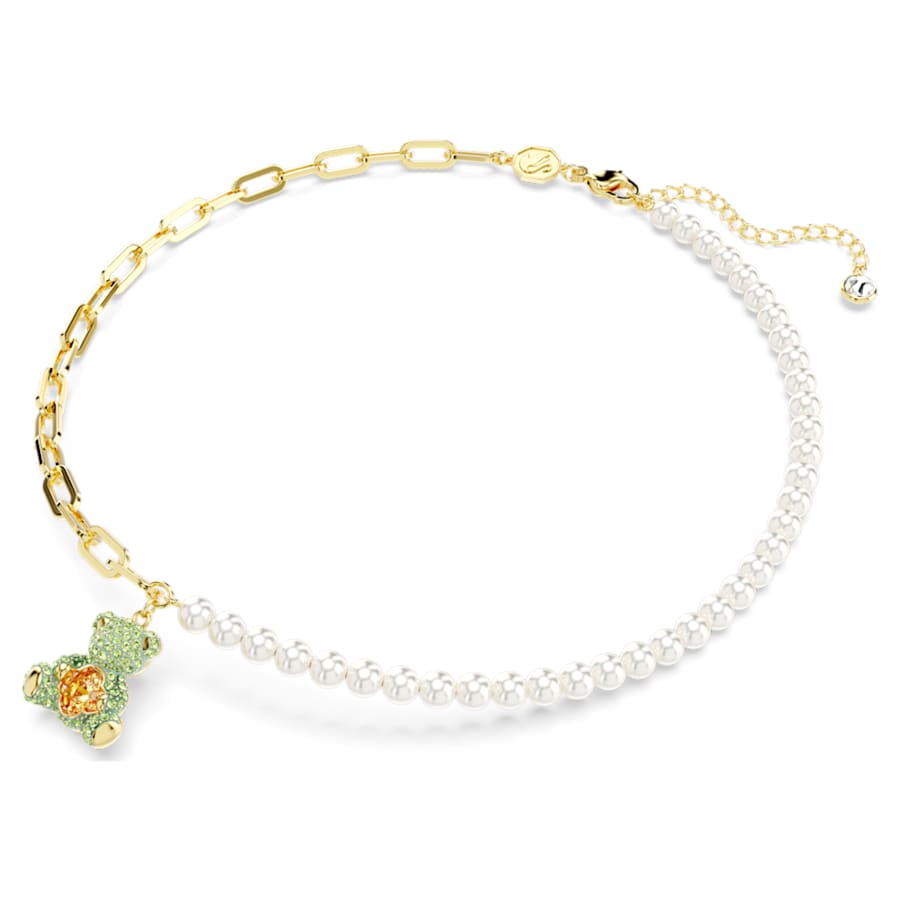 COLLAR SWAROVSKI TEDDY CRYSTAL PEARLS, OSO, MULTICOLOR, BAÑO TONO ORO
