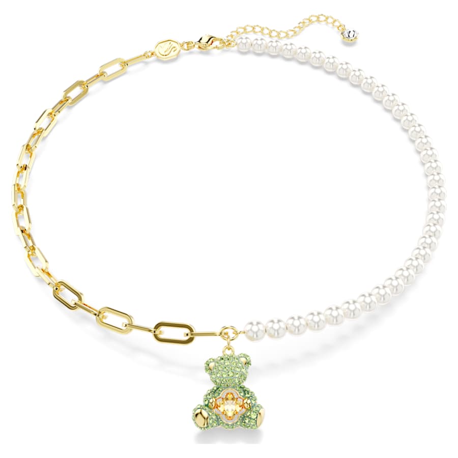 COLLAR SWAROVSKI TEDDY CRYSTAL PEARLS, OSO, MULTICOLOR, BAÑO TONO ORO