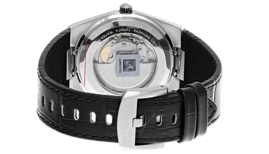 RELOJ TISSOT PRX, AUTOMCÁTICO, ESFERA NEGRA, FAJA DE CUERO NEGRA, FECHA, 40 MM