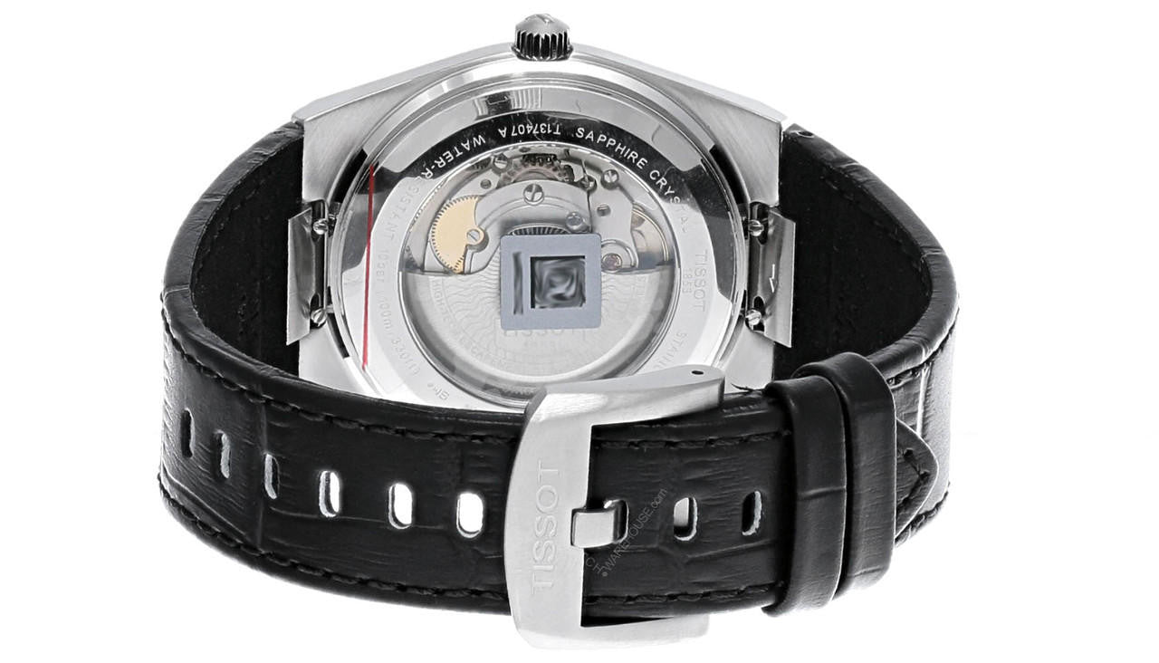 RELOJ TISSOT PRX, AUTOMCÁTICO, ESFERA NEGRA, FAJA DE CUERO NEGRA, FECHA, 40 MM