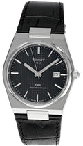 RELOJ TISSOT PRX, AUTOMCÁTICO, ESFERA NEGRA, FAJA DE CUERO NEGRA, FECHA, 40 MM