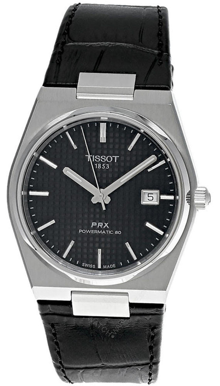 RELOJ TISSOT PRX, AUTOMCÁTICO, ESFERA NEGRA, FAJA DE CUERO NEGRA, FECHA, 40 MM