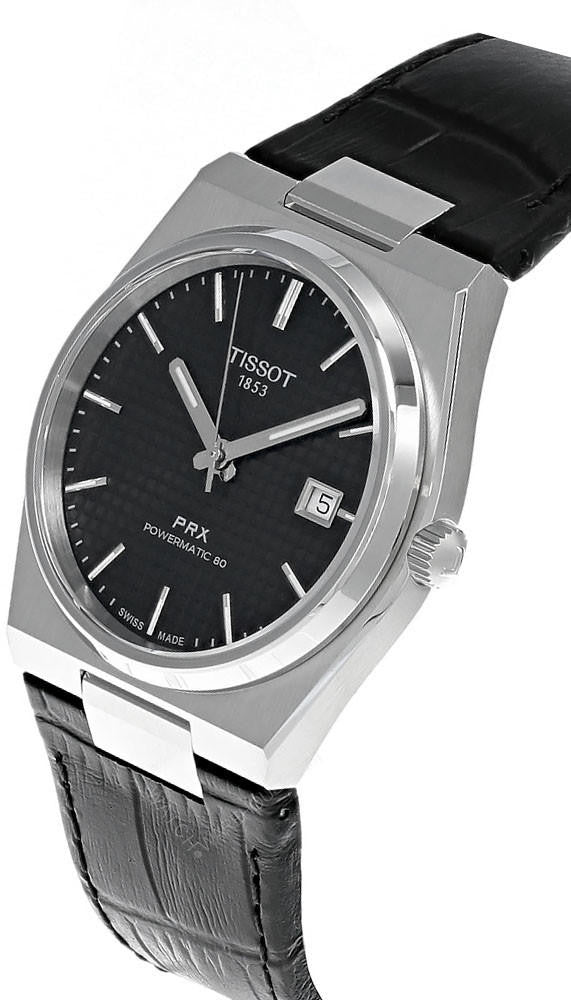 RELOJ TISSOT PRX, AUTOMCÁTICO, ESFERA NEGRA, FAJA DE CUERO NEGRA, FECHA, 40 MM