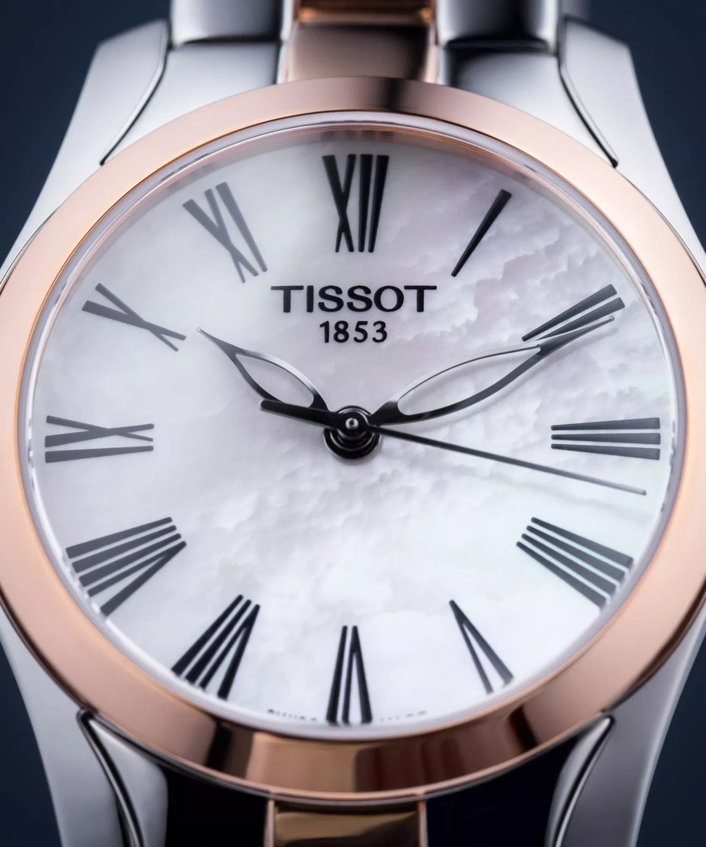 RELOJ TISSOT T-WAVE, CUARZO, ESFERA DE MADRE PERLA BLANCA, BRAZALETE DE ACERO PVD, 30 MM