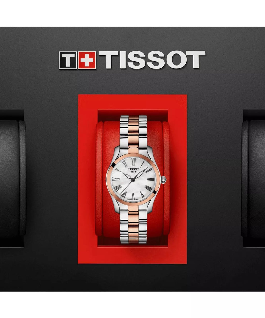 RELOJ TISSOT T-WAVE, CUARZO, ESFERA DE MADRE PERLA BLANCA, BRAZALETE DE ACERO PVD, 30 MM